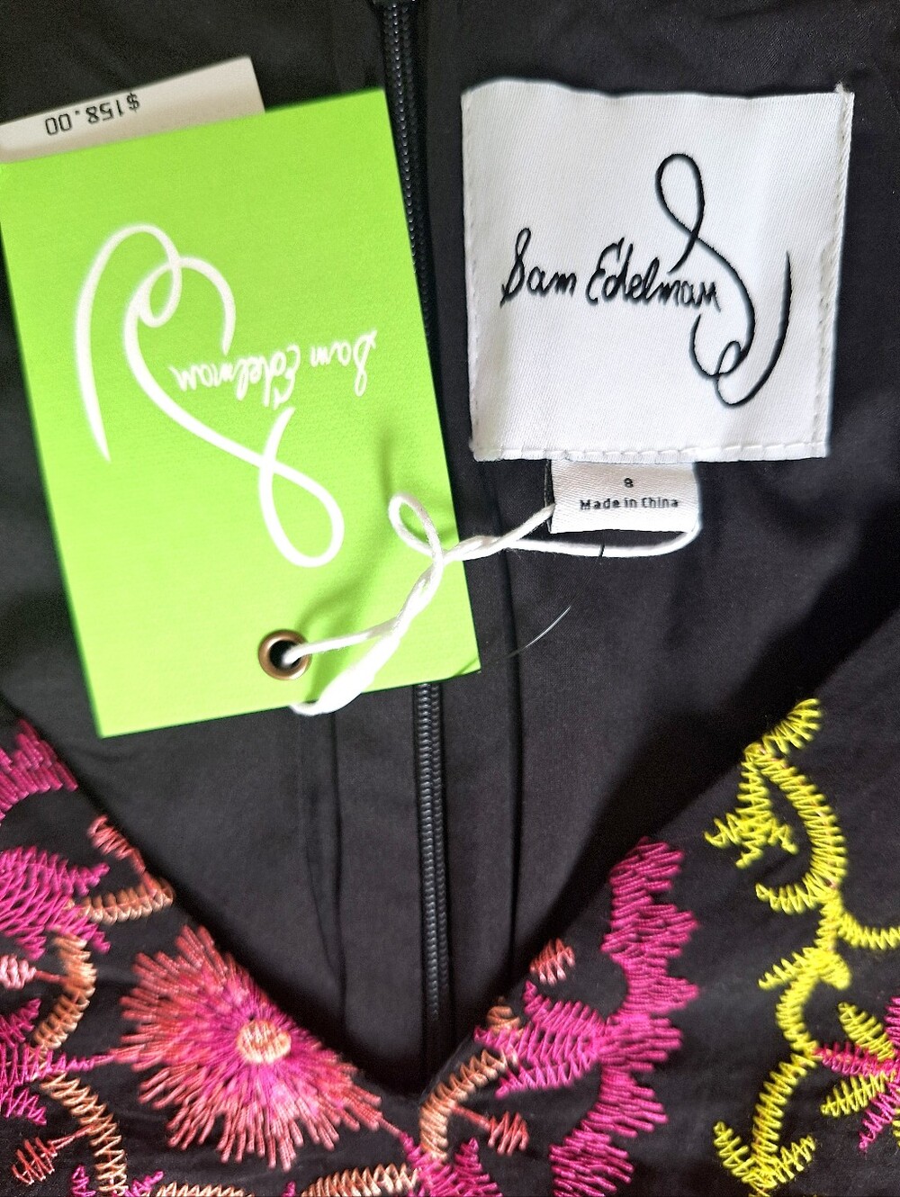 Sam Edelman Embroidered Pink Green Black Puff Sleeve V-neck Midi Dress Size 88 - Picture 7 of 12